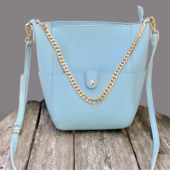 Fresh Light Blue Vegan Pebbled Light Blue Leather Bucket Bag w/ Crossbody Strap - Picture 7 of 7